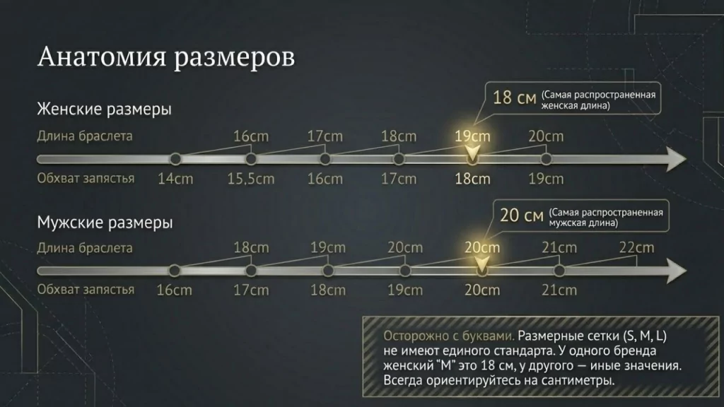 Таблица размеров женских и мужских браслетов